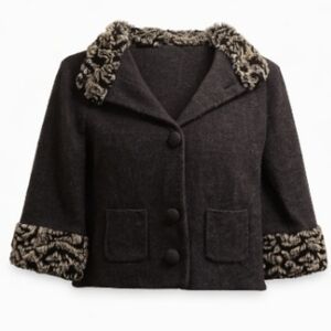 INC 100% Merino Wool Cropped Jacket Faux Fur Trim Collar Cuffs